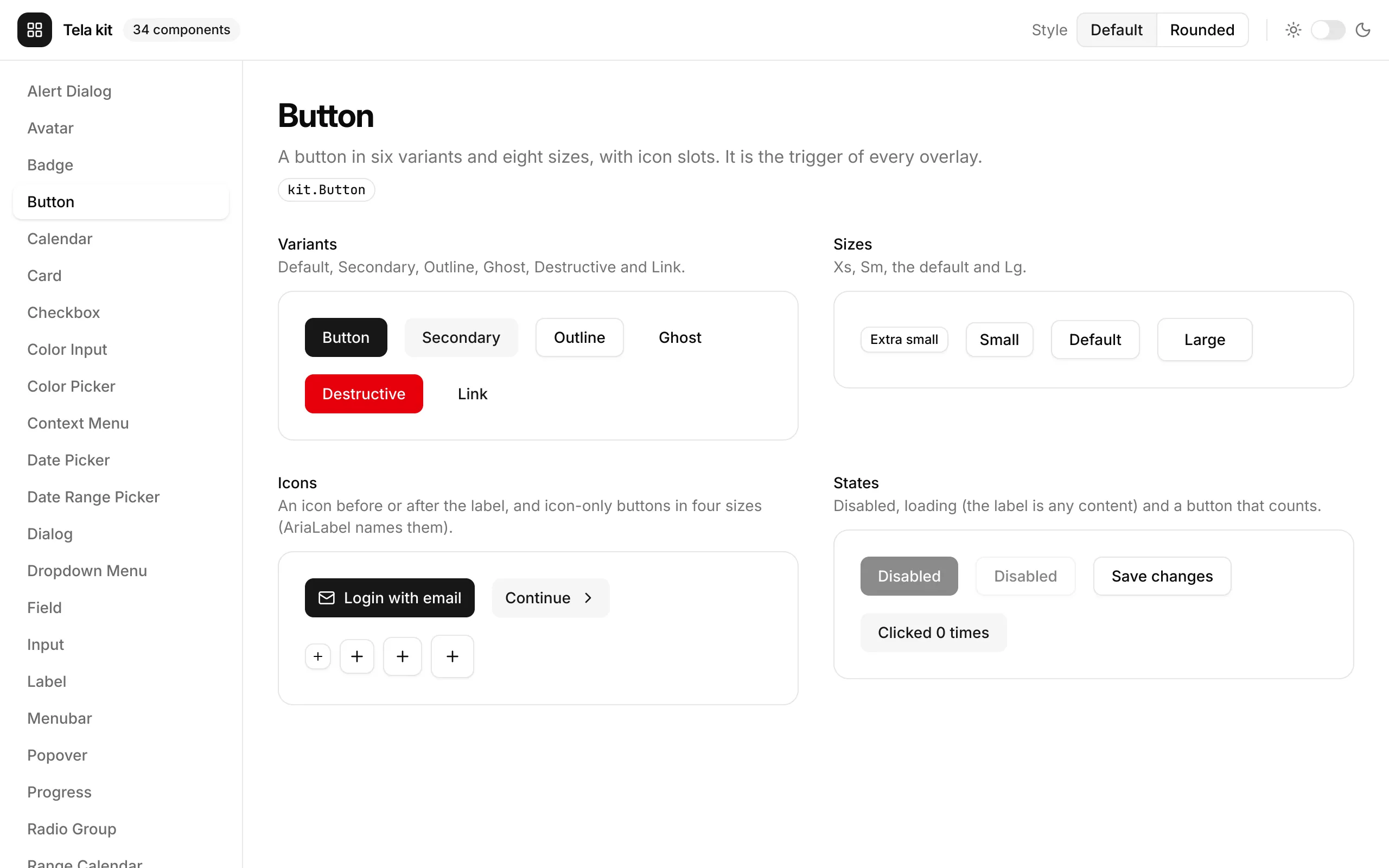The kit gallery: the Button page